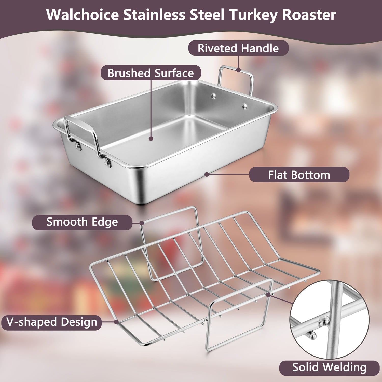 16” Roaster Roasting Pan with Baking Rack and V-shaped Rack, P&P CHEF  Stainless Steel Rectangular Lasagna Pan with Handles for Turkey Chicken,  Heavy