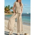 thumbnail image 4 of Womens 2 Piece Smocked Top Wide-Leg Pants Set High-Waisted Lounge Outfit with Pockets Matching Set Oat Color S, 4 of 10