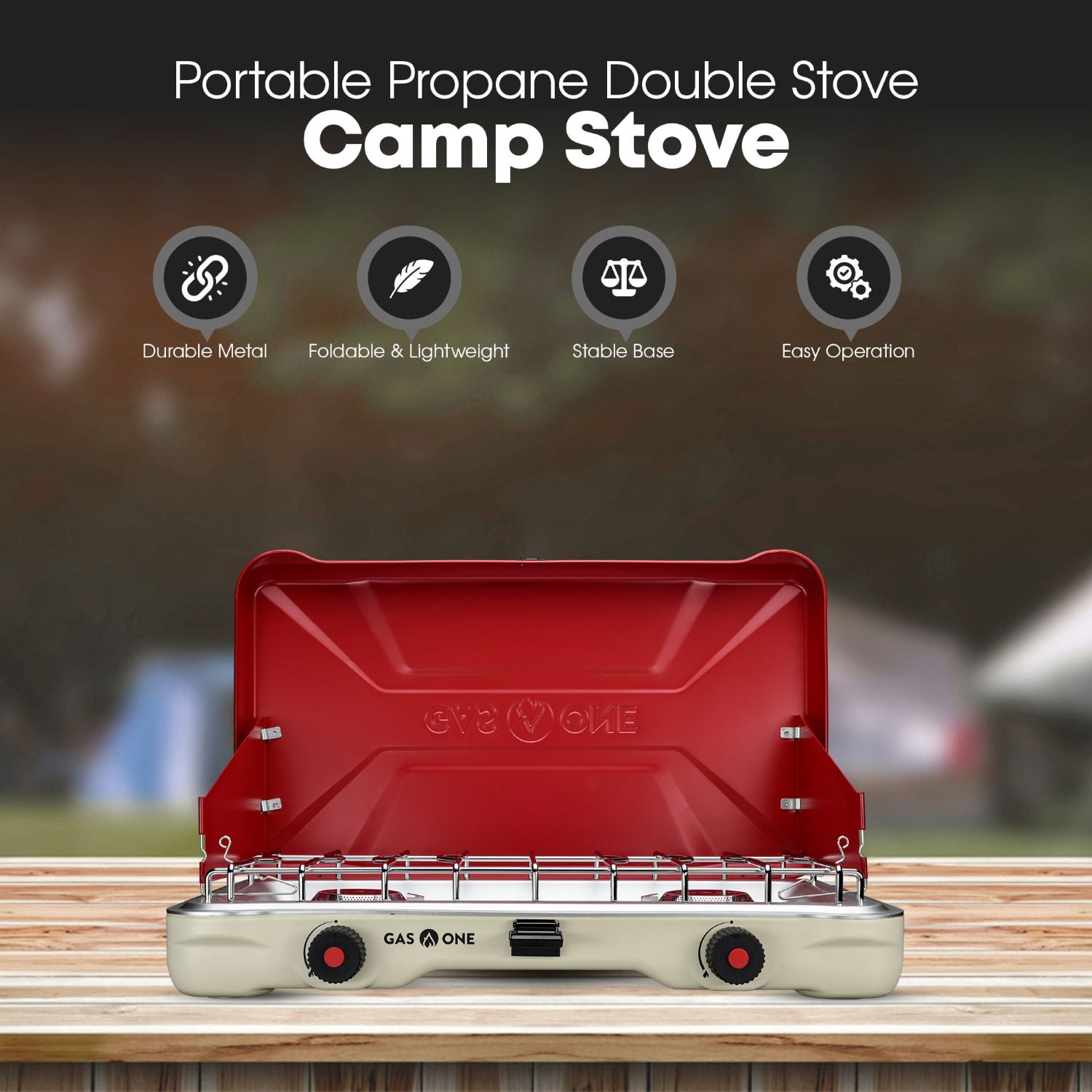 GasOne PS-2500RWA Portable Camping Stove – Double Propane Stove with Auto Twist Turn Ignition – 22,000 BTU Camping Cooktop with 2 Burners and Wind Guard – Ideal for Tailgating, Fishing, Travel, Red