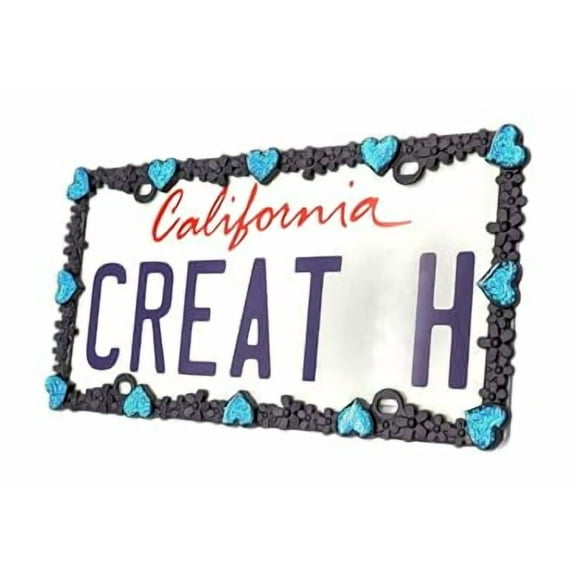 Creathome 3D Shining Daisy Heart License Plate Frame from Pure Zinc Alloy Metal Perfect Plate Holder, Matt Black with Blue Glitter, Luminously Heart