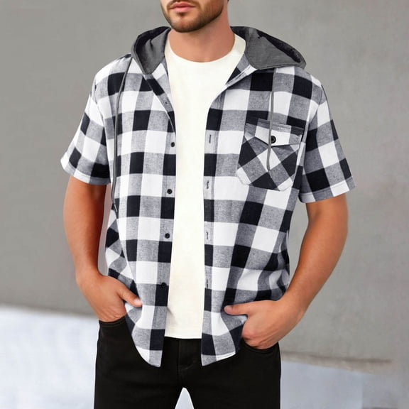 Fnooota Mens Plaid Shirts with Hoodie, Casual Short Sleeve Breathable Lightweight Summer Shirts White Size S-3XL