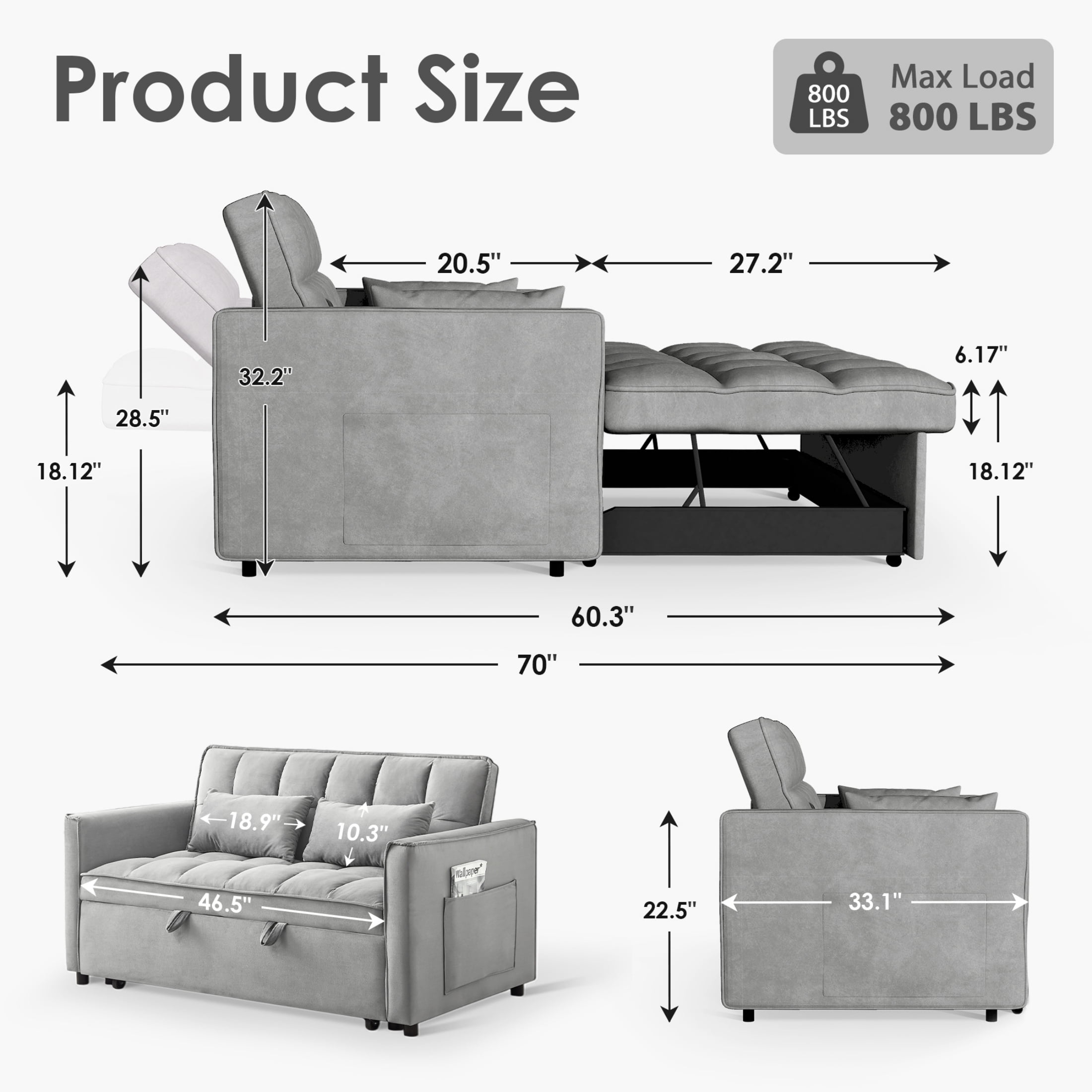 Anpport 3-in-1 Convertible Sleeper Sofa Bed, Pull-Out Loveseat Couch with Adjustable Back, Velvet Fabric, 55", Gray