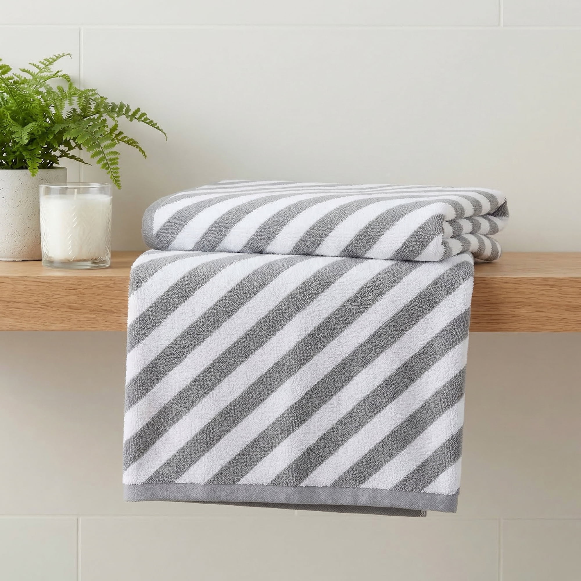 Unique Bargains Striped Absorbent Quick Dry Cotton Bath Towe 2 Pack Grey 55"x28"