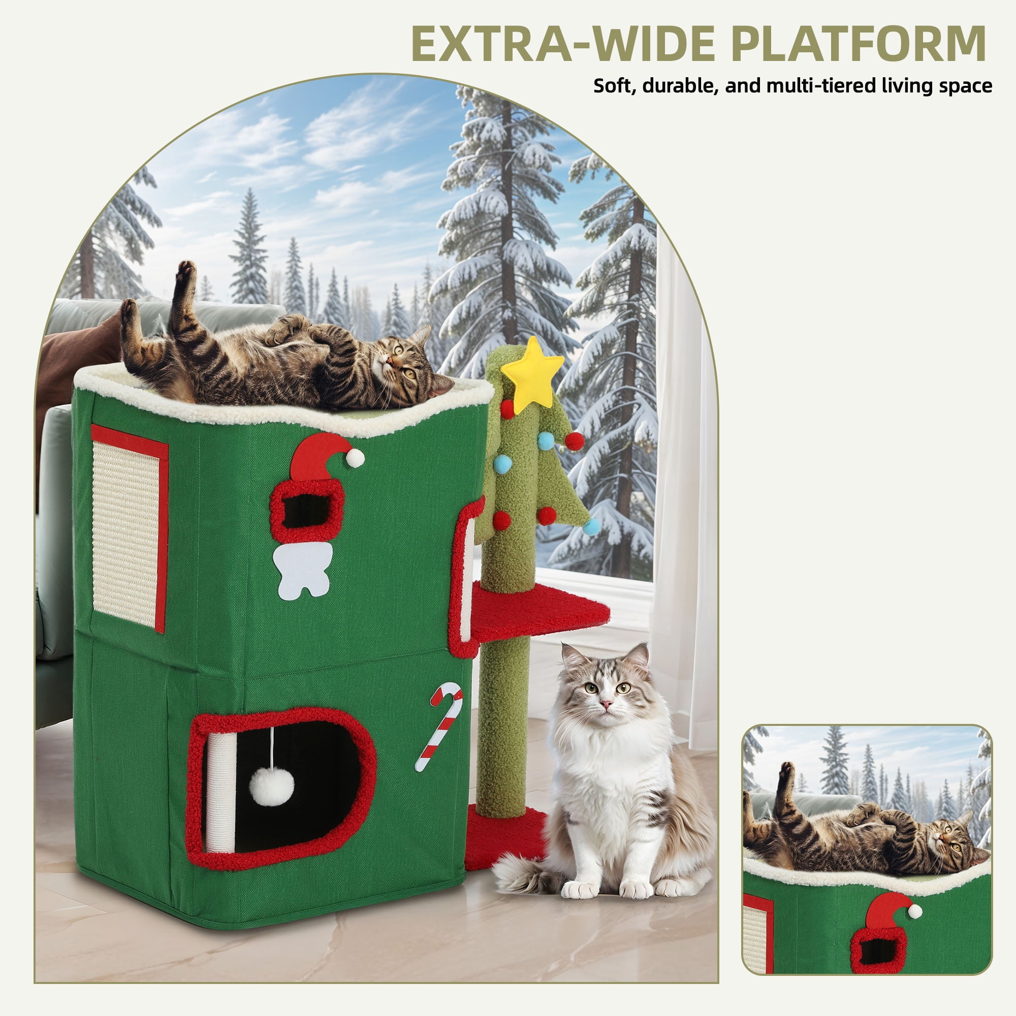 Uforic 2-Level Christmas Cat House, Indoor Cat Play House with Scratching Posts & Hideaway Cave& Hanging Plush Balls, Green
