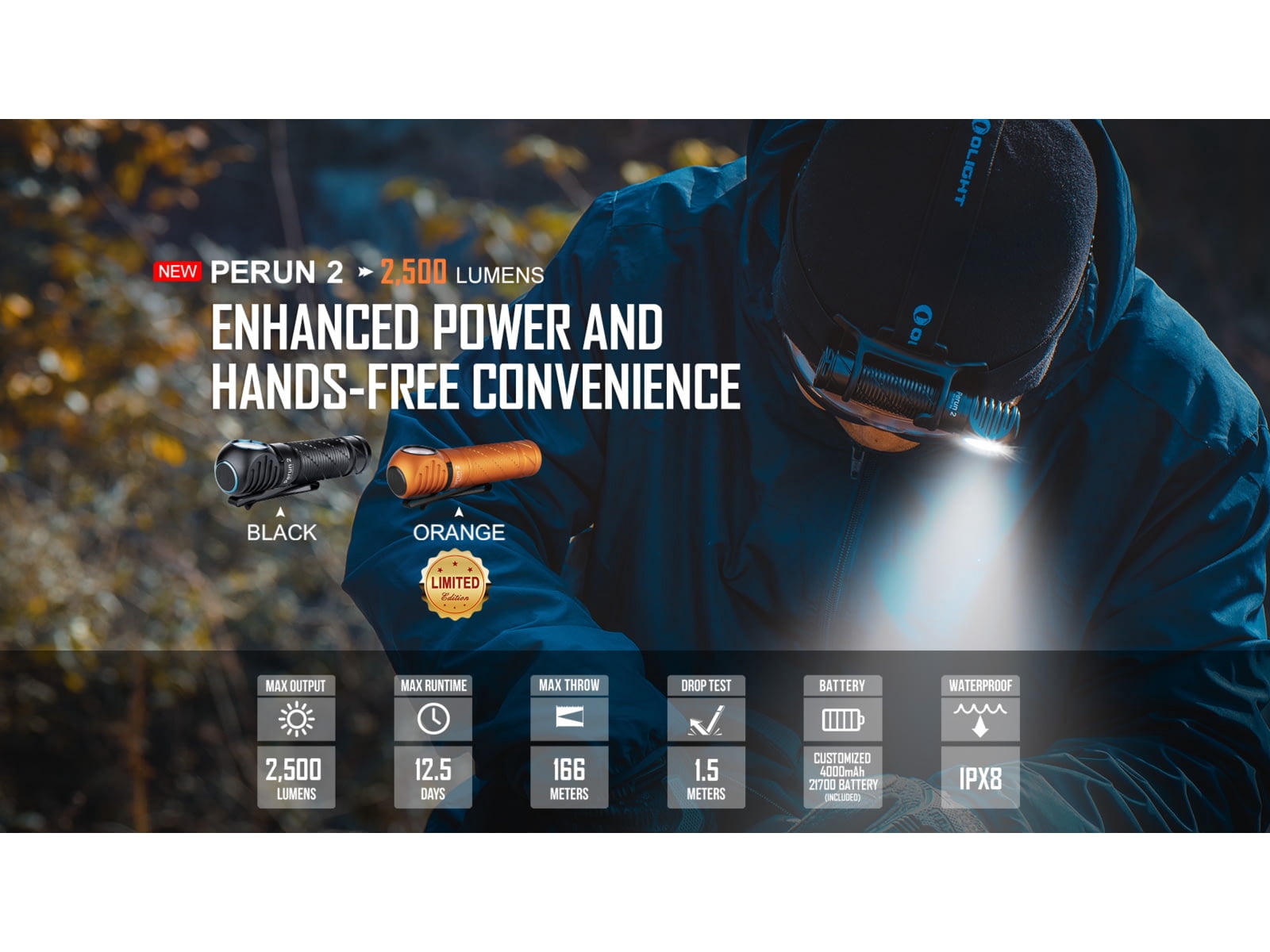 Olight Perun 2 2500 Lumens LED Rechargeable Headlamp, Black