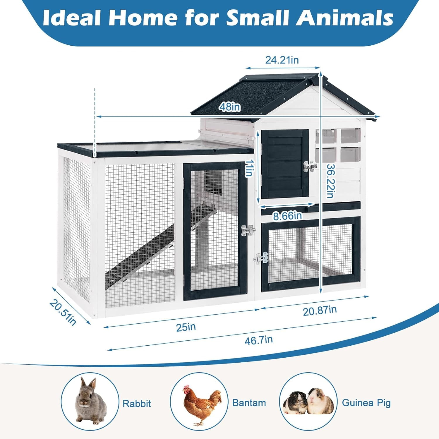 Rabbit Hutch Indoor Bunny Cage Outdoor Small Chicken Coop Animal House with Wire Floor Above Pull-Out Tray, Chew-Resistant Ramp & Entrance Openable Roof