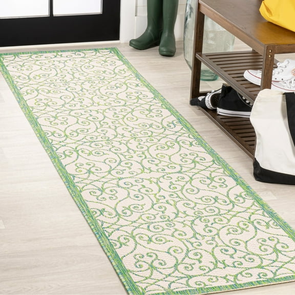 JONATHAN Y SANTA MONICA 2 x 8 Runner Rug, Madrid Vintage Filigree Textured Weave - Cream/Green, SMB107J-28