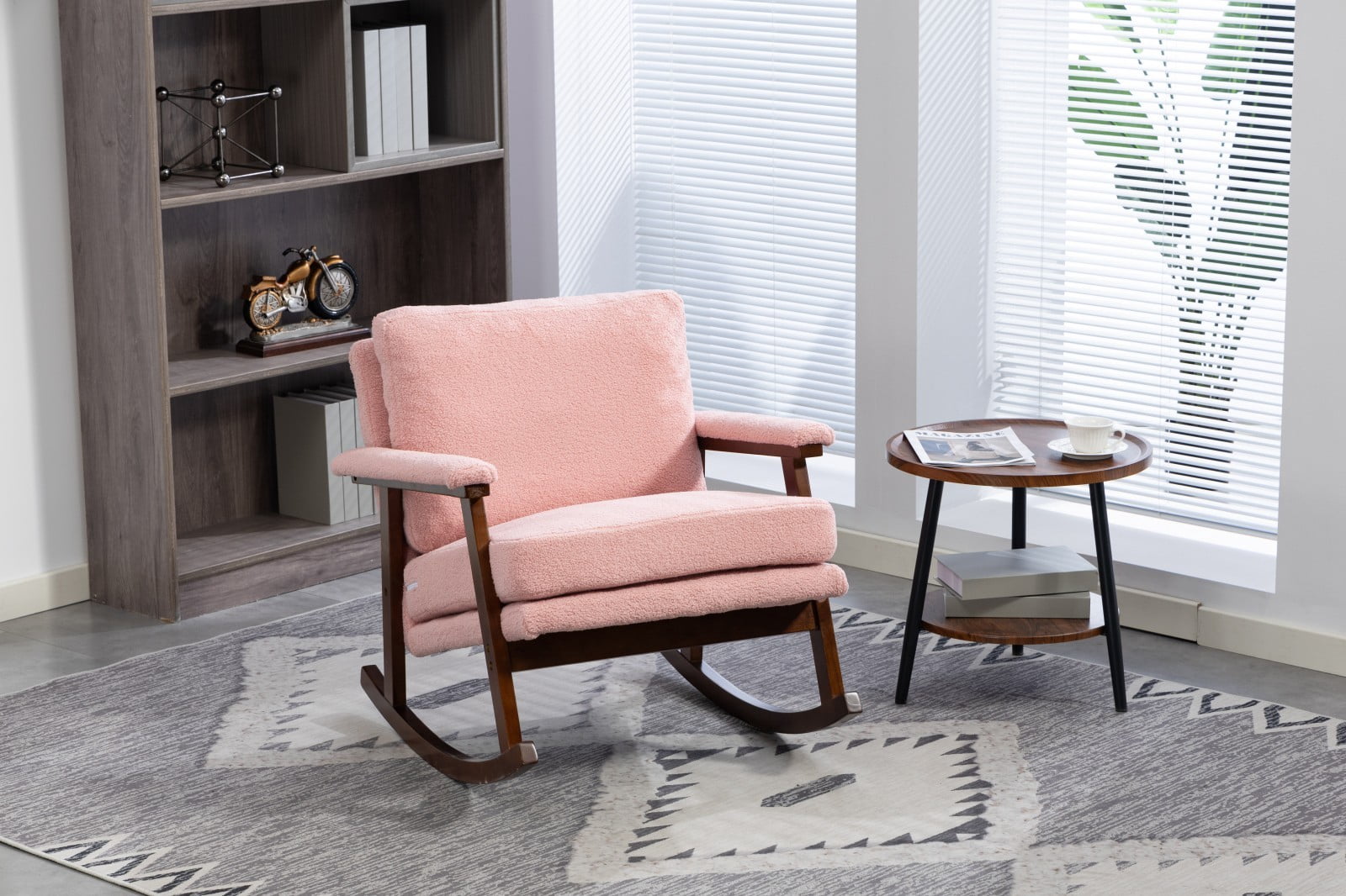Mid Century Modern Accent Rocking Chair with Wood Frame, Upholstered Reading Armchair for Living Room, Bedroom, Nursery & Sunroom, Light Pink