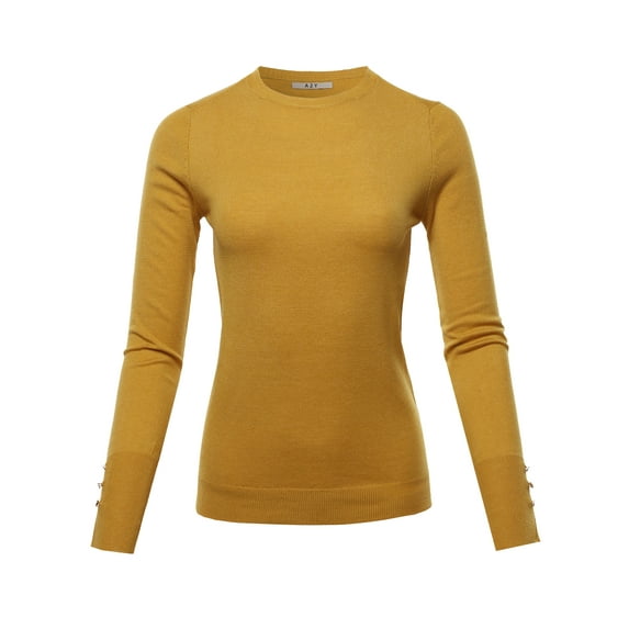 A2Y Women's Fitted Viscose Crew Neck Long Sleeve Metal Button Detail Sweater Mustard M