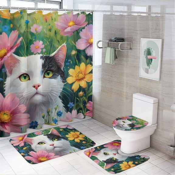 Cute Cat Pattern Shower Curtain 4-Piece Set, Bathroom Decor with 72" x 72" Shower Curtain, Toilet Cover Mat, U-Shaped Mat, Non-Slip Floor Mat and 12Hooks