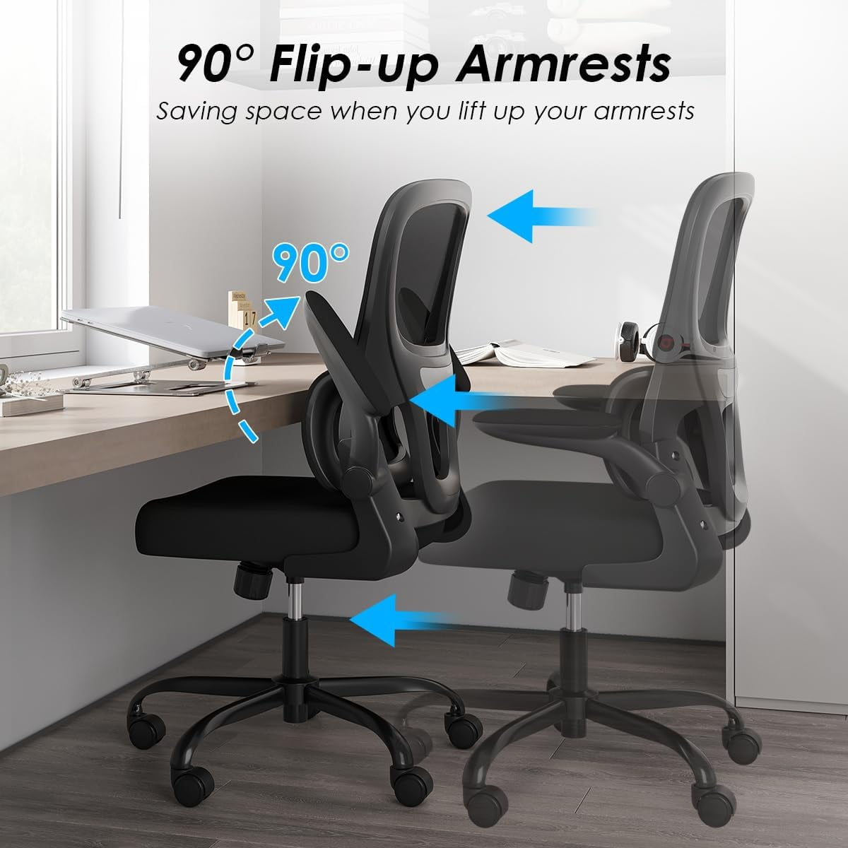 Farini Ergonomic Office Chair, Mesh Desk Chair with Lumbar Support, Comfy Computer Desk Chair with Flip Armrest Rolling Wheels for Home Study Room Office, Black & Black