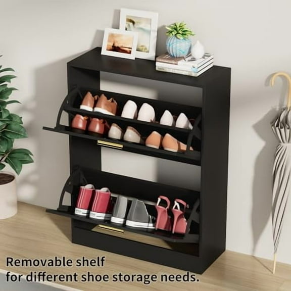 CARPETNAL Shoe Cabinet for Entryway, Black Shoe Storage Cabinet with 2 Flip Drawers, Hidden narrow Shoe Rack Cabinet, Freestanding Shoe Cabinet Organizer for Entryway, Hallway