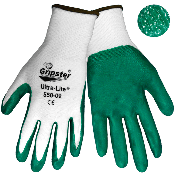 Global Glove 550 Gripster Ultra-Lite Gloves, White Nylon, Green Nitrile Palm, Large, 12PK