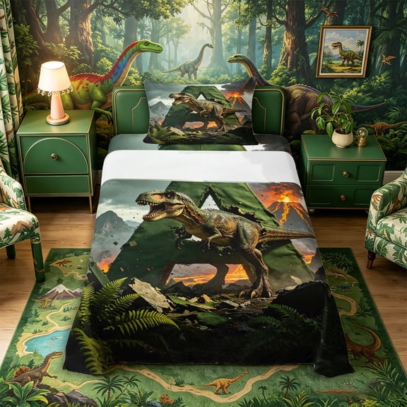 Metsweet Dino Green Letter A Twin Sheets 3pcs, Volcano Tyrannosaurus Rex Bedding,Brown Orange,1 Fitted Sheet, 1 Flat Sheet and 1 Pillowcase