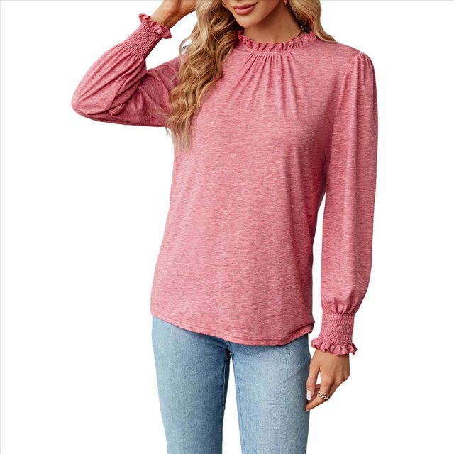 Camiseta Holgada Informal de Larga con Cuello Redondo para Mujer, Color Liso, con Encaje y Mangas Farol, para Otoño e Invierno Rosa L
