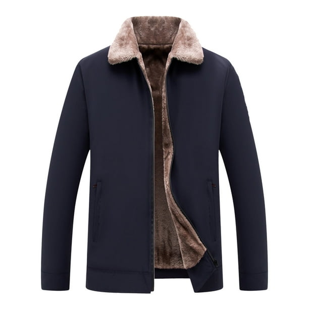 nsendm Mens Outerwear Mens Mid Weight Jackets Male Casual Plush Solid Slit Pocket Jacket Turn Down Collar Long Sleeve Zipper Small Men Adult Male
