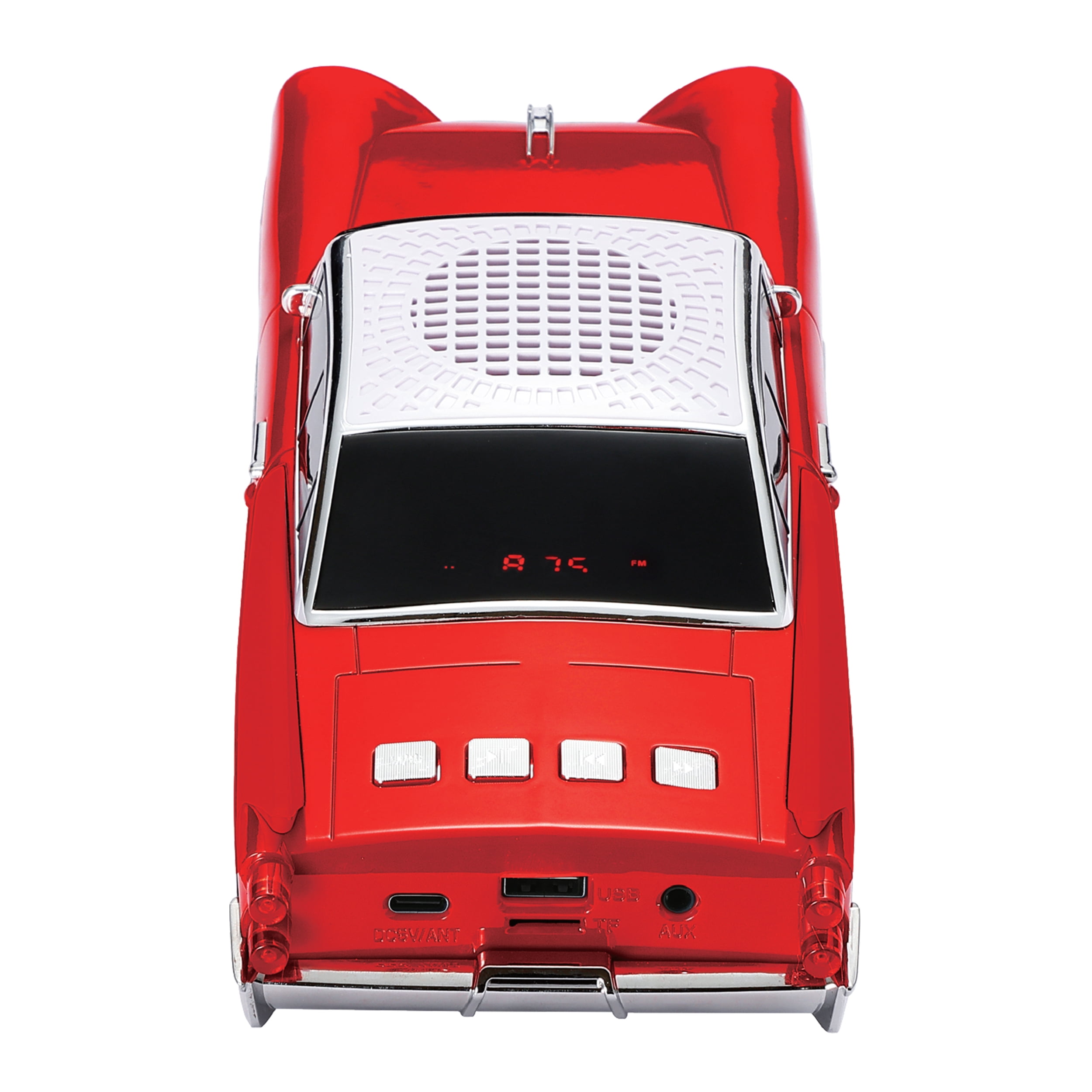 QFX Bluetooth 1959 Retro Classic Car Speaker, Dual 2-inch Speakers, Hands-Free Link, Built-in Microphone, FM Radio, and LED Party Lights, Red - BT-1959-RED