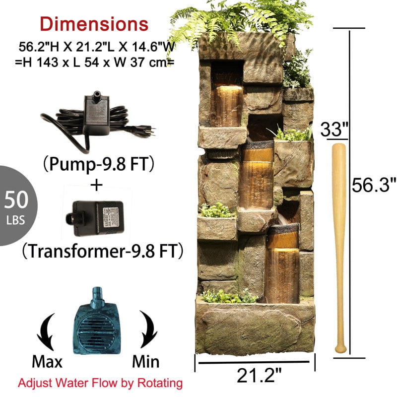 Outdoor Floor Standing Garden Water Fountains Rock Waterfall Fountain with LED Lights for Garden, Patio, Backyard, Deck, Porch and Home Art Decor