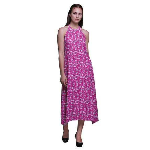 Bimba Floral Causal Long Backless Halter Neck Dress Women Printed Beach Dress-Large