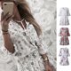 thumbnail image 5 of Vestido de verano floral con manga 3/4 Vestido mini con dobladillo con volantes y cuello en V con tiras para mujer tholdsy FS11722-05, 5 of 7
