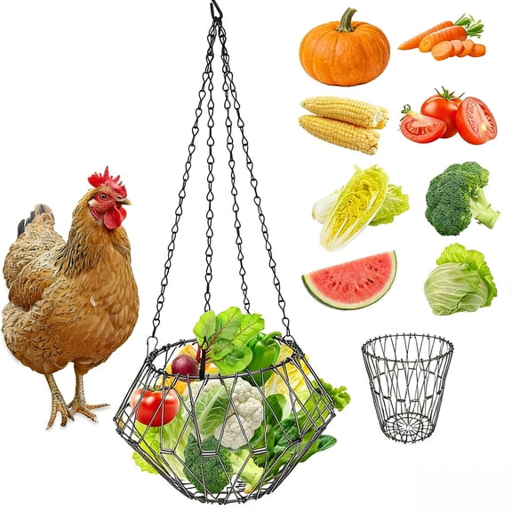 Hanging Poultry Feeder, 6.5 Inch Foldable Stainless Steel Feeder Basket with 4 Chains, Toy for Chickens Ducks Rabbits