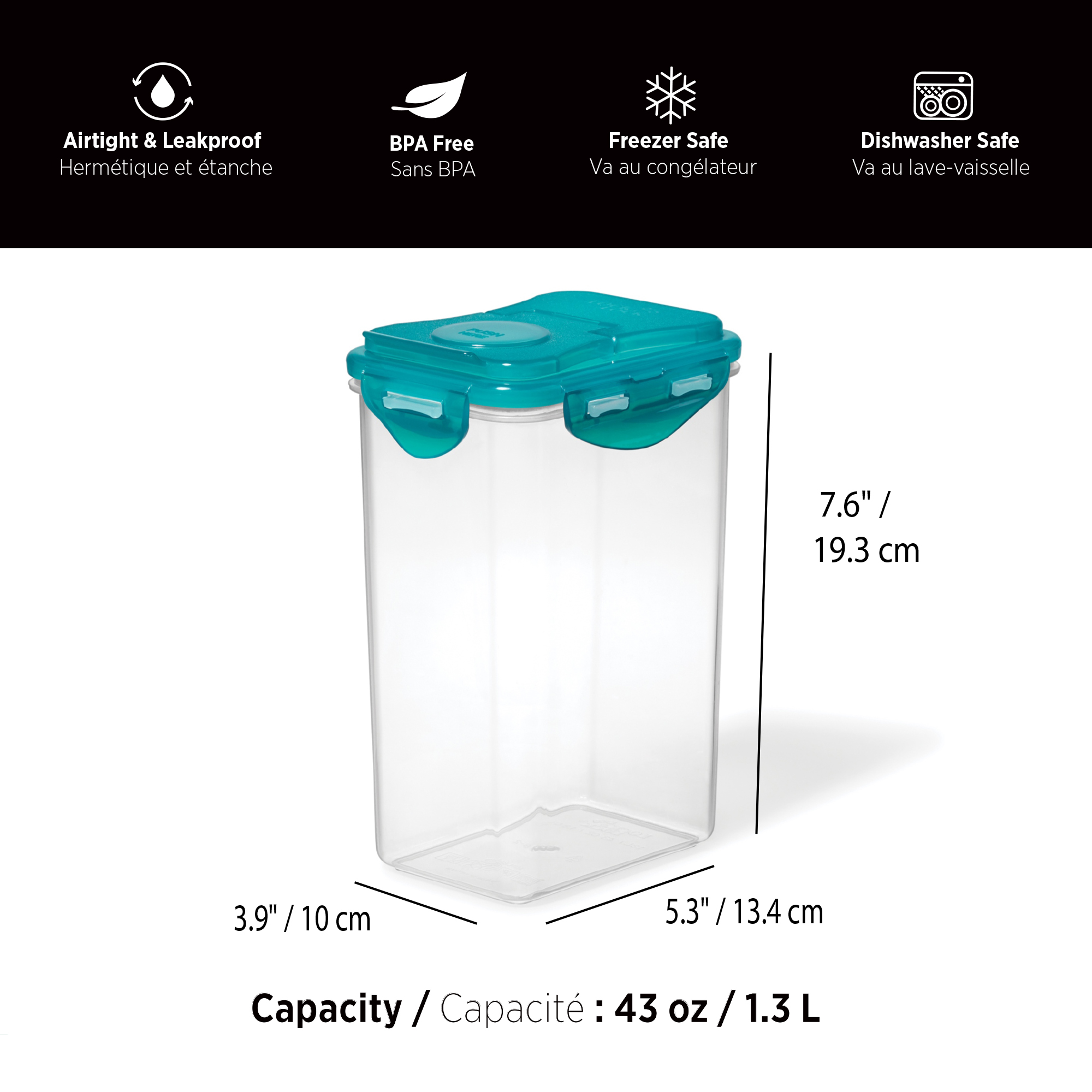 Starfrit LocknLock Plastic Pantry Container - 43oz / 1.3L - Flip top lid - Airtight - 4-Sided locking system - BPA free