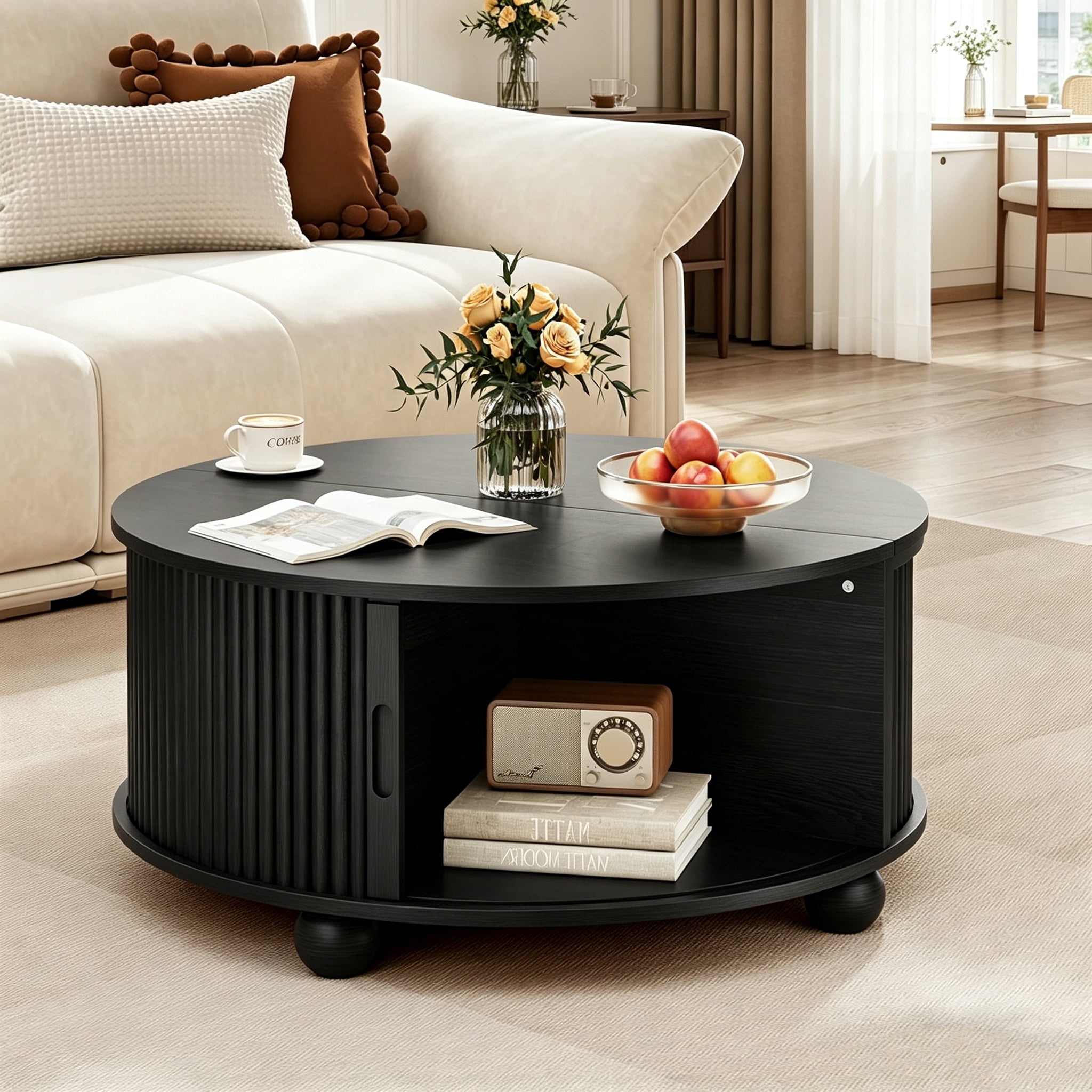 AISWORD 31.5" Fluted Round Coffee Table with Storage, Mid Century Modern Lift Top Drum Accent Table for Living Room Small Space, Black