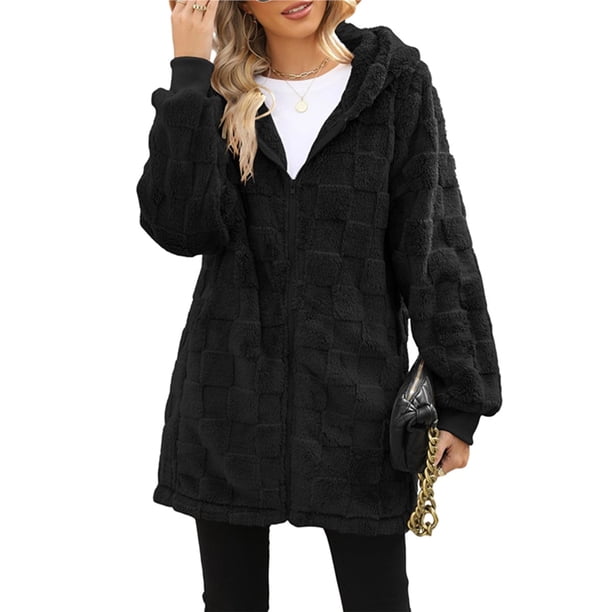 Chaqueta de Mujer con Cremallera, Bolsillos, Sudadera Larga Extragrande con Capucha, Mangas Largas y Suave, Abrigo de Peluche Cálido Negro M
