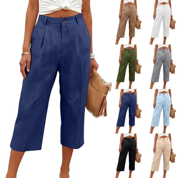Capri Cotton Linen Pants Women Summer Lightweight Stretch Work Dress Pants Office Business Casual Slacks Knee Length Shorts Navy XL