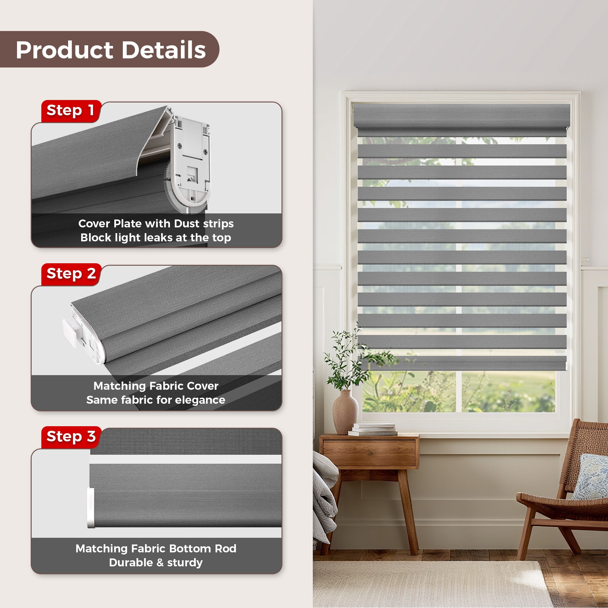 Allesin Zen No Drill No Tools Cordless Zebra Blinds, Gray, 34.5"Wx72"H