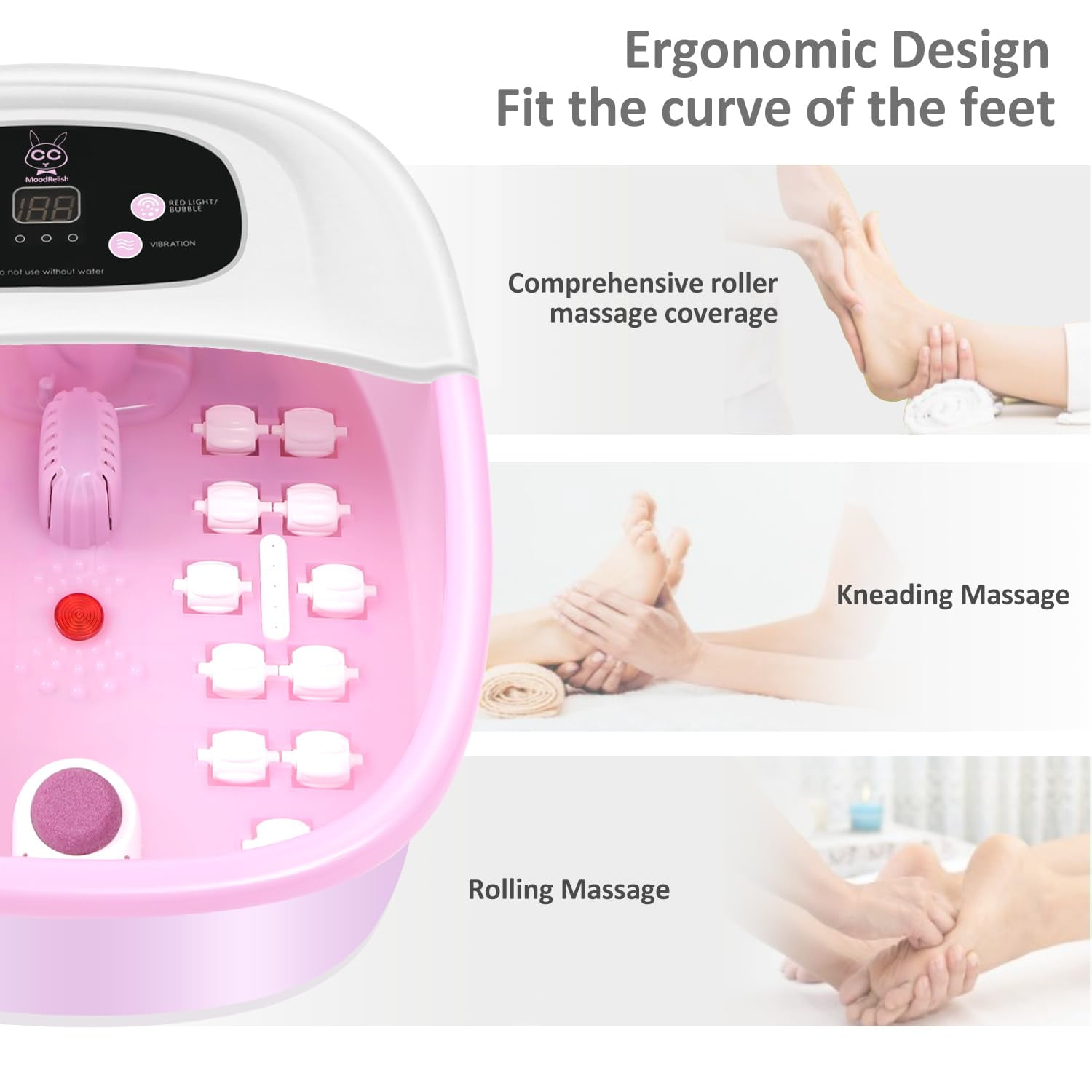 Foot Spa Bath Massager with Heat Bubbles Vibration Jets Red Light 22 Rollers Adjustable Temp Pink