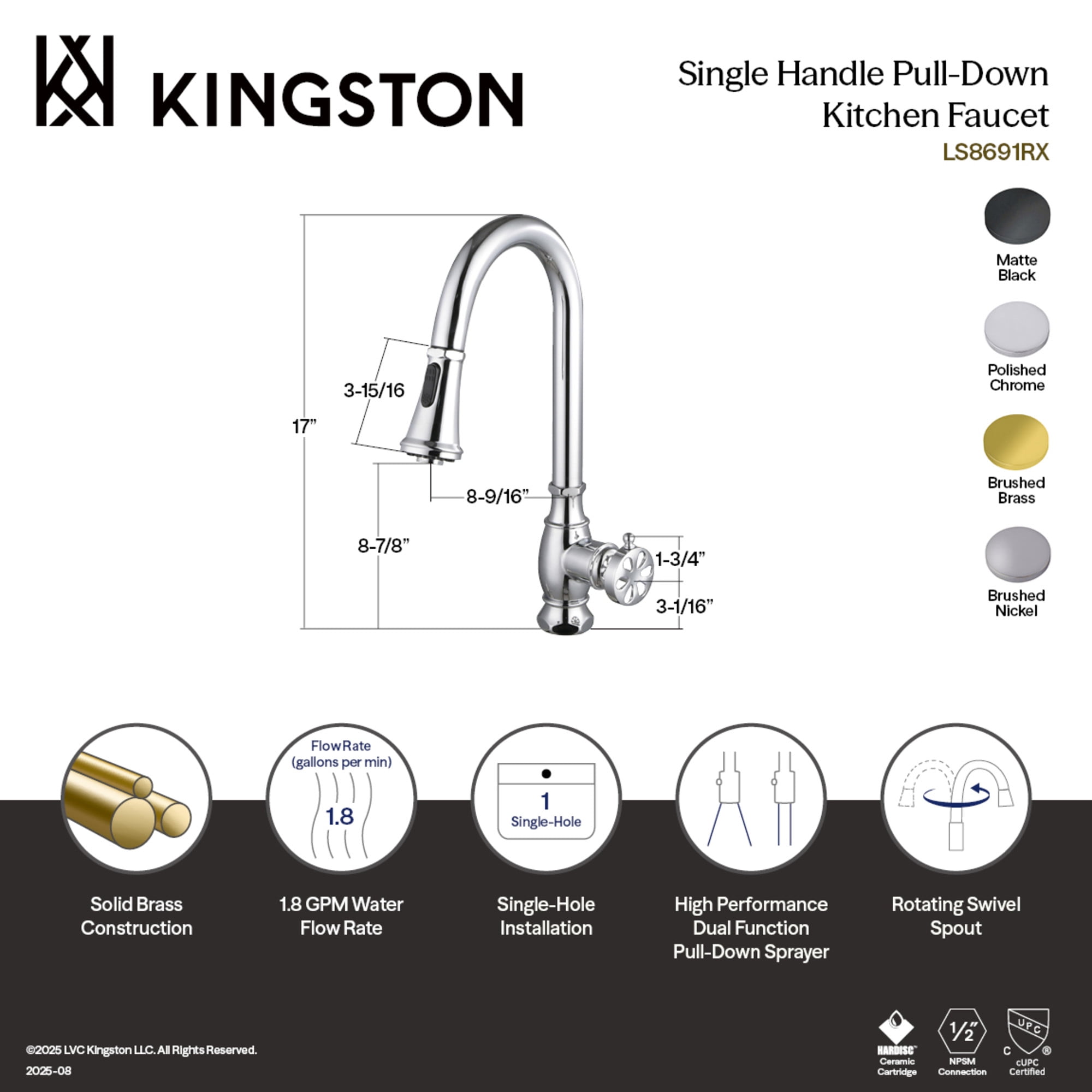 Kingston Brass LS8693RX Belknap Single-Handle Pull-Down Kitchen Faucet, Brushed Brass
