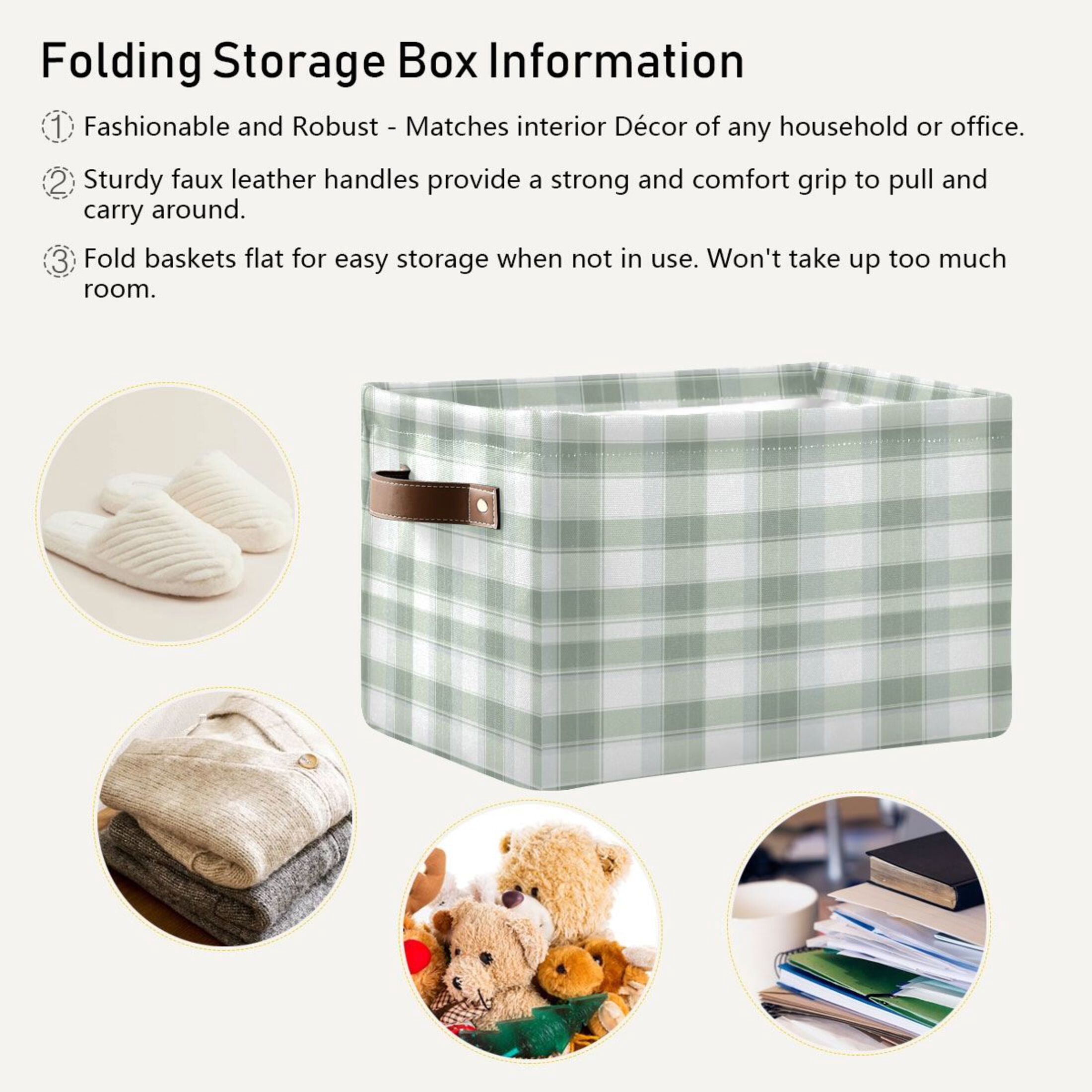 Gray and Green Plaid Foldable Storage Basket,Canvas Fabric Foldable Storage Bins with Handles Open Home Storage Bins Boxes for Toy Book Shelf Closet Baskets