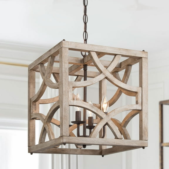LNC 4-Light Square Rustic&Farmhouse Wooden Chandelier for Kitchen Island