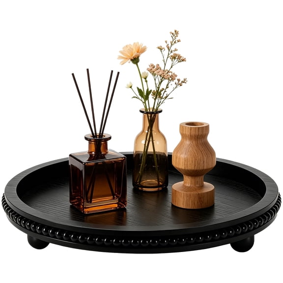 Farmhouse Round Decorative Tray, Black Wood Beaded Serving Tray, Rustic Display Riser for Decor, Pedestal Stand for Coffee Table, Dining Room, Kitchen Counter
