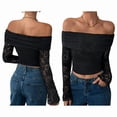 thumbnail image 3 of Women'S Lace Trim Off Shouder Top Long Sleeve Double Lined Y2k Trendy T-Shirts Black XXL, 3 of 6