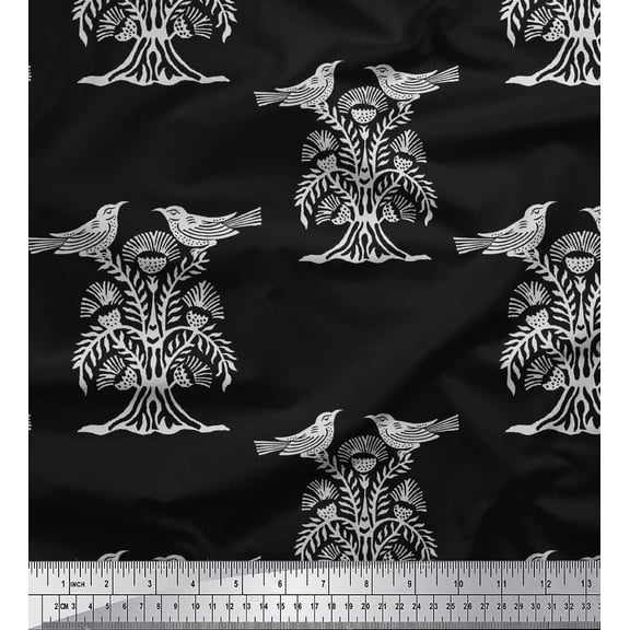 Soimoi Crepe Silk Fabric Bird & Tree Block Print Fabric by The Yard 42 Inch Wide