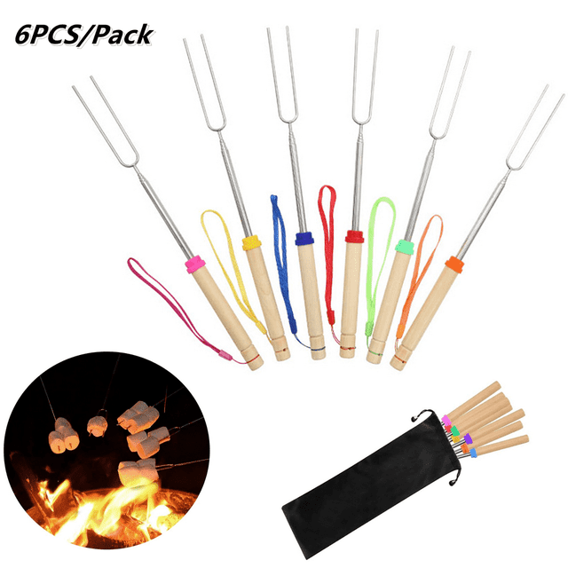 Marshmallows Roasting Sticks 12”-32” Extendable Barbecue Forks Wooden Handle for BBQ Hot Dog Fork Fire Pit Camping Cookware