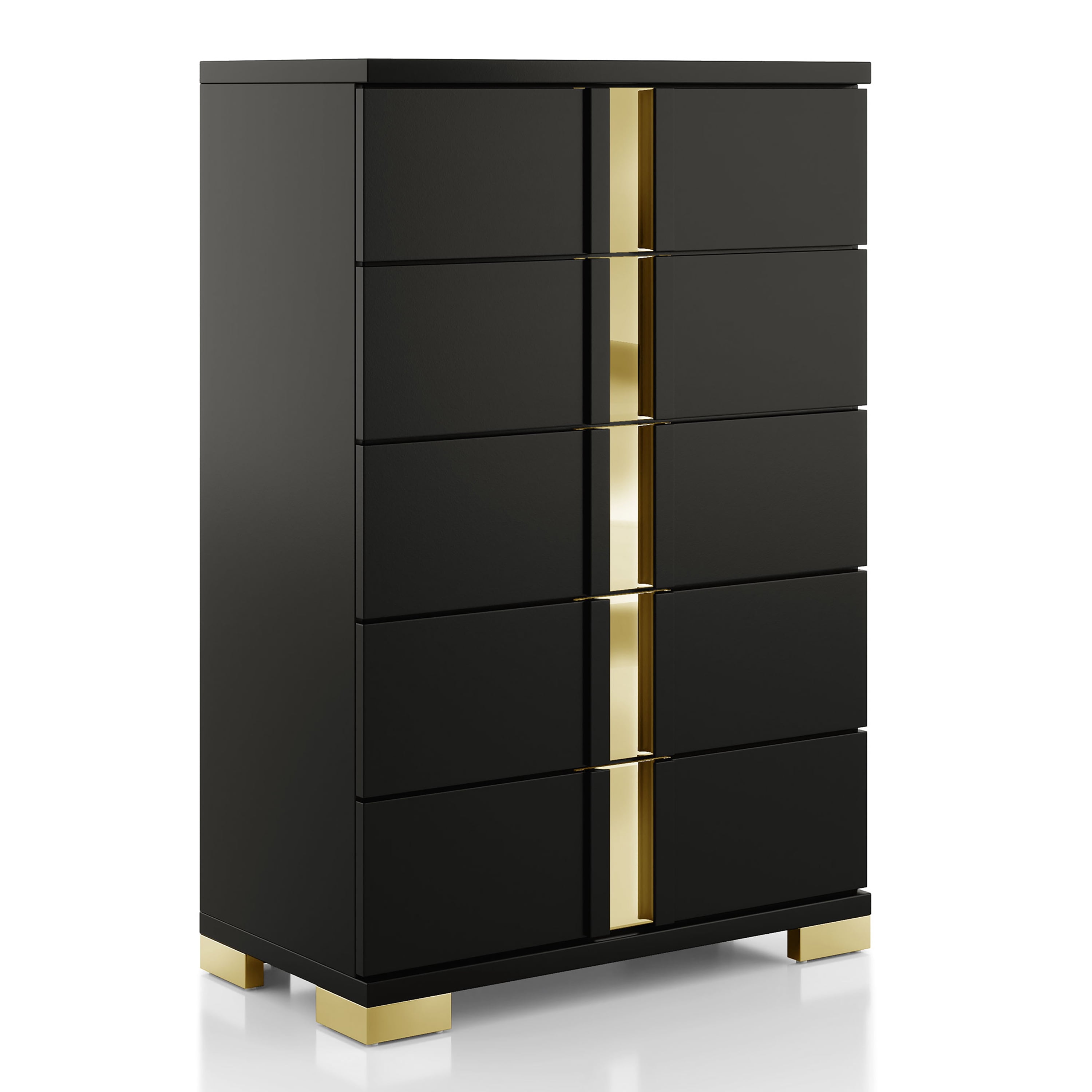 Furniture of America Chora Adult Modern 5-Drawer Solid Wood Bedroom Vertical Dresser, Black and Gold