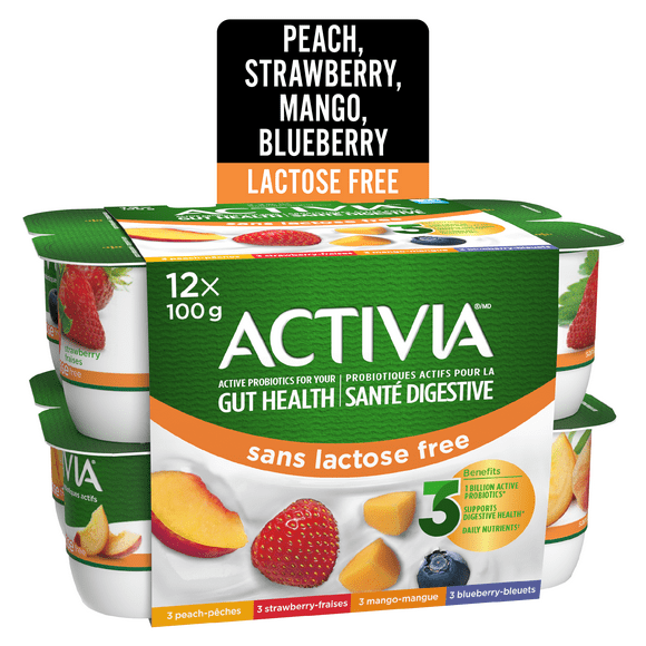 Activia Probiotic Yogurt, Lactose Free, Strawberry/Blueberry/Peach/Mango, 12 x 100 g