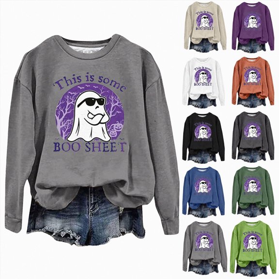 Halloween Sweatshirts For Women Trendy Crewneck Cute Graphic Tops(Grey,M)