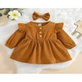 thumbnail image 2 of PENGXIANG Robe Princesse pour Bébé Fille Automne 2 Pcs Manches Longues à Volants Bouton Velours Côtelé Robe Trapèze Bandeau Rouge Vin 2-3 Ans, 2 of 9