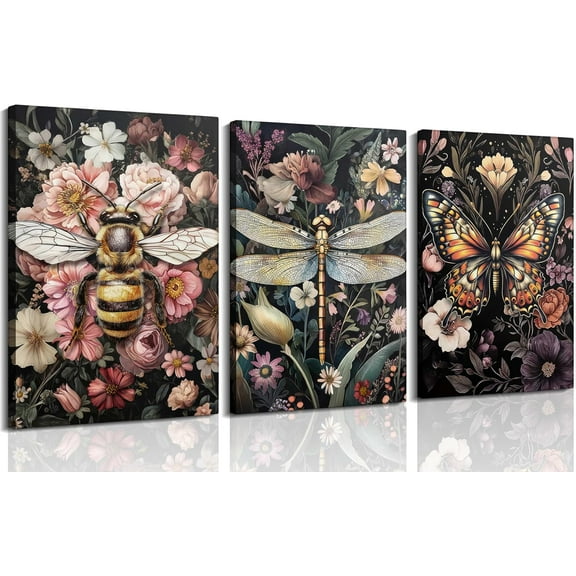 Vintage Insects Poster Wall Art Dark Green Moody Plants Flowers Painting Picture Wall Decor Hand Drawn Sandstone Dragonfly Butterfly Bee Canvas Print Artwork for Living Bedroom Home Decoration