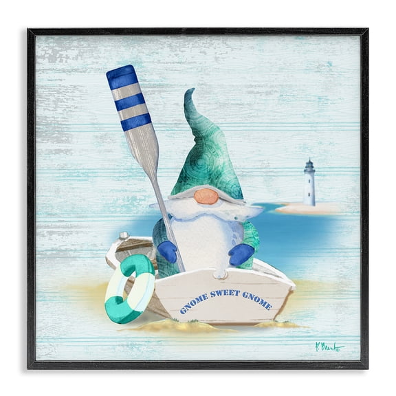 Stupell Industries Tropical Coastal Gnome Blue Row Boat Black Framed Giclee Art, 17 x 17, by Paul Brent