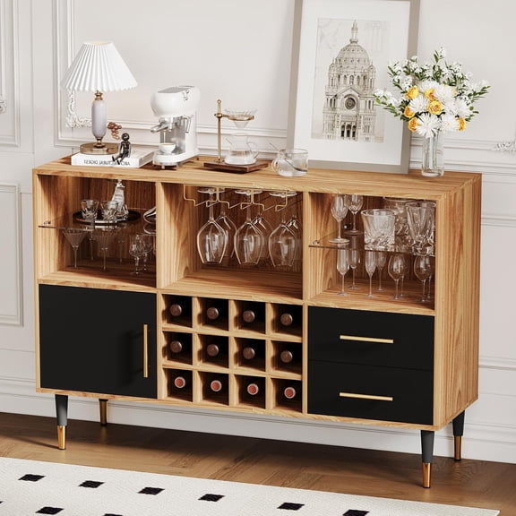 47 Inch Coffee Bar Cabinet, Wood Liquor Cabinet with Storage, Charging Station & RGB LED Light, Modern Bar Table Furniture for Dining Room Living Room Apartments