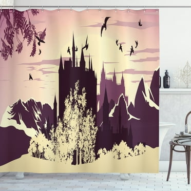 Ambesonne Cartoon Shower Curtain, Castle in Mountains, 69"Wx84"L, Dark Purple Cream