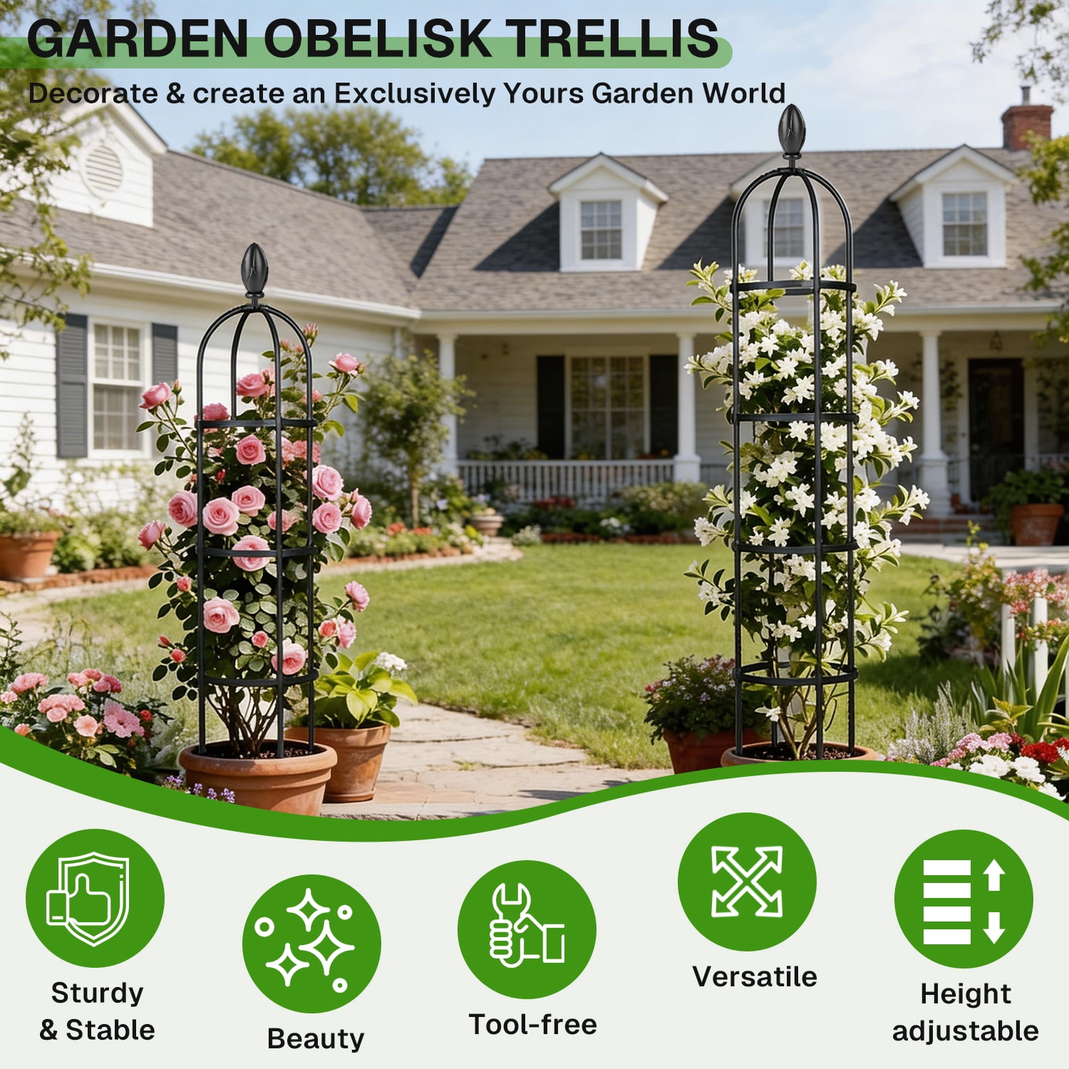 BN-LINK 2 Pack Garden Obelisk Trellis, Rustproof Metal Potted Plant Climbing Support, Tower Garden Trellis for Climbing Plants Outdoor,Black