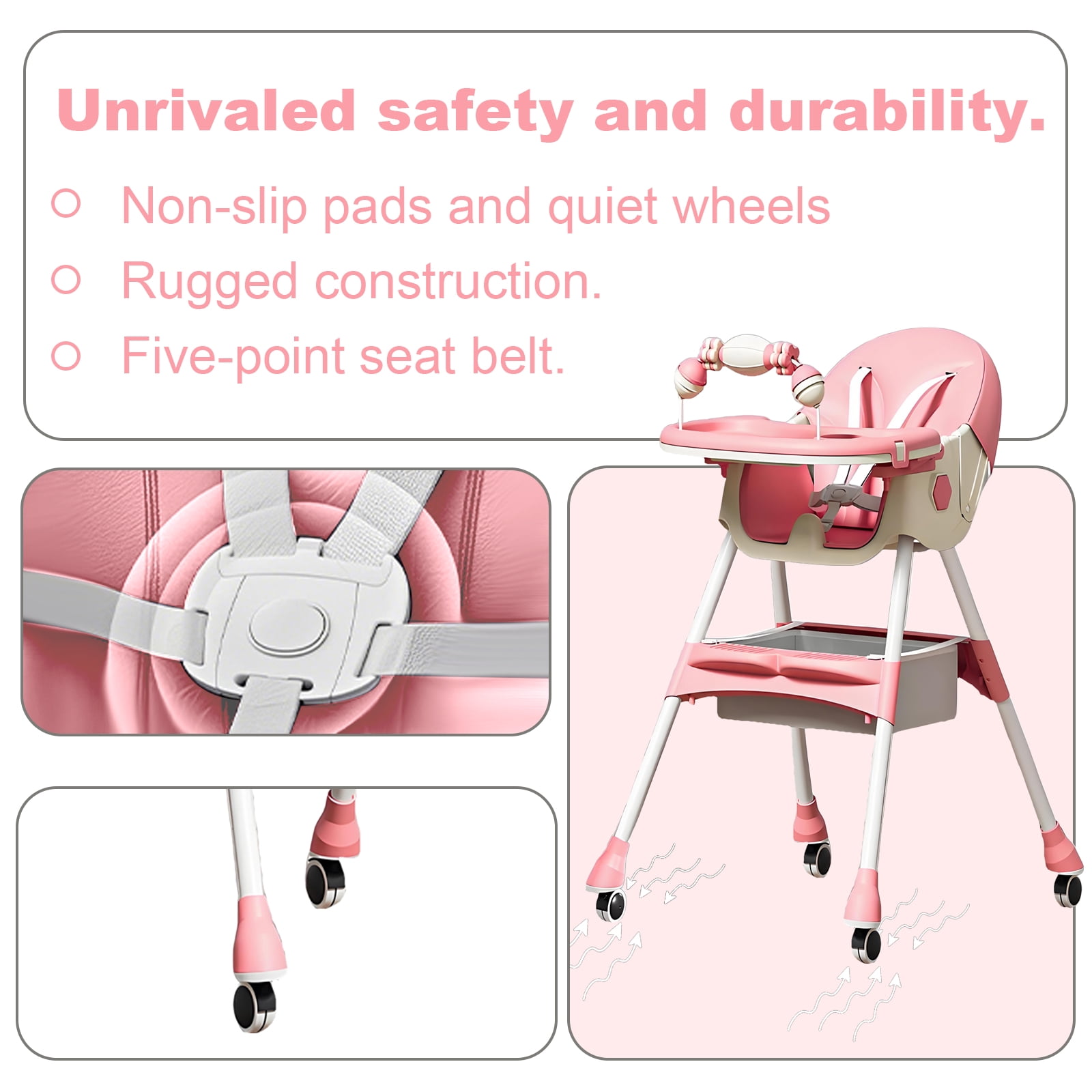 BEJOLO Baby High Chair, 4-in-1 Foldable Highchair Dining Feeding Chair with Double Dining Plate & Toy Rack, Infant to Toddler, Pink