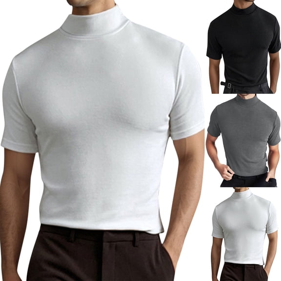 Solid Color Athletic Muscle Tee High Turtleneck Short Sleeve Slim Fit Compression Training Underwear Top Men