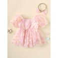 thumbnail image 2 of Newborn Baby Girl Clothes pink Floral Meshed Dress Infant Clothes Spring Summer Bubble Sleeve Skirt+Headband, 2 of 5